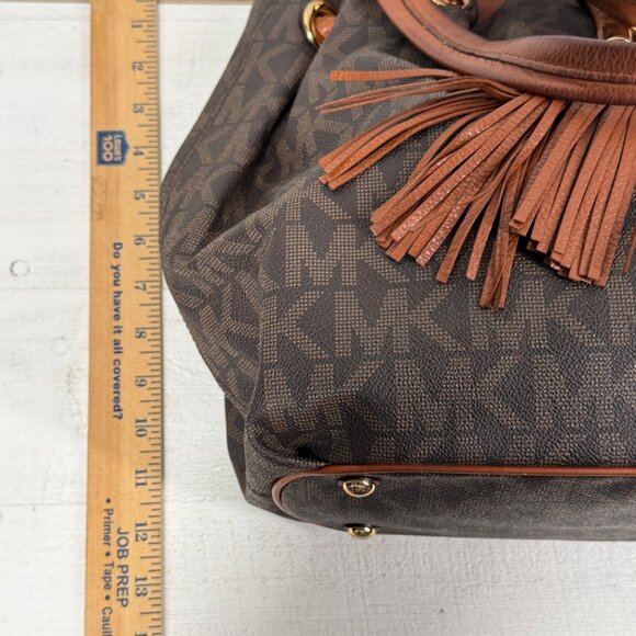 Michael Kors Jet Set Signature Drawstring Tote Brown MK Monogram Leather Trim - Picture 14 of 15